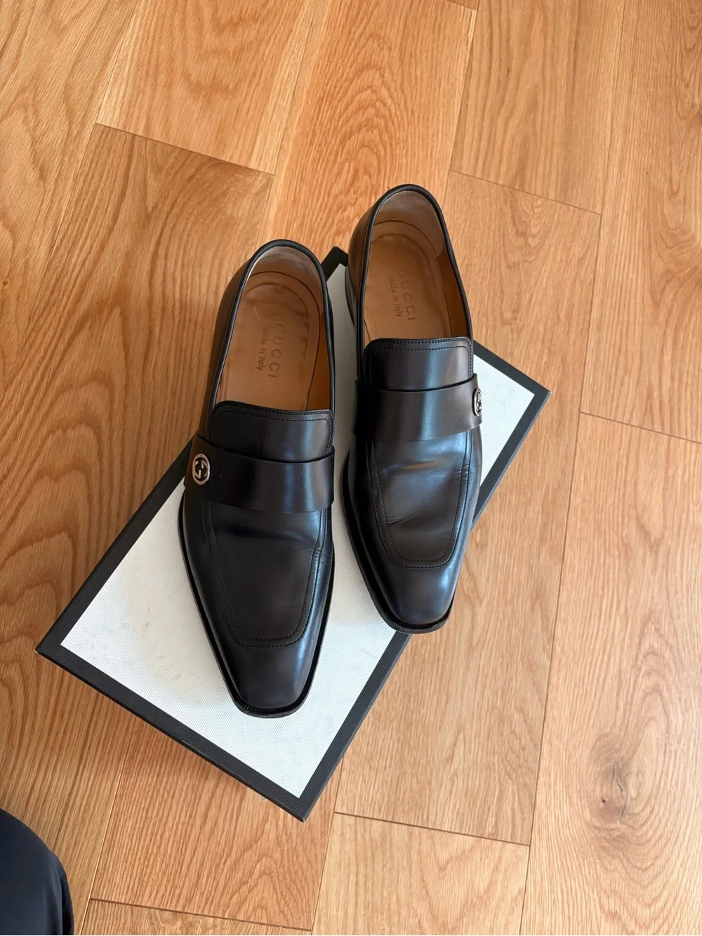 Gucci Black Leather Penny Loafers with Gold Accent